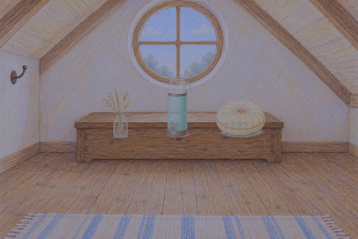 묵동 여성전용 아로마 마사지 후기 안내 그림, 밤의 다락방 나무 궤짝 위에 놓인 마른 풀을 꽂은 항아리, 보온병, 둥근 쿠션
