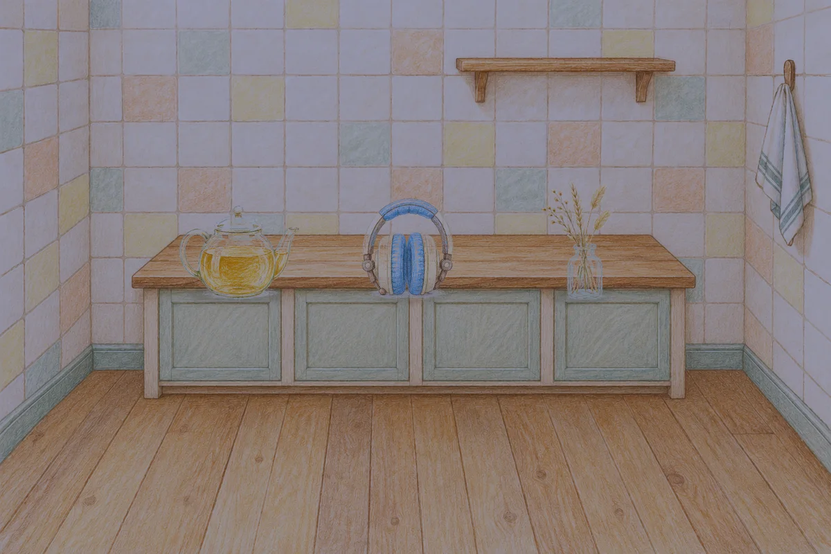 묵동 여성전용 경락 마사지 안내 그림, 밤의 부엌 나무 조리대 위에 놓인 유리 티포트, 헤드폰, 마른 풀을 꽂은 항아리