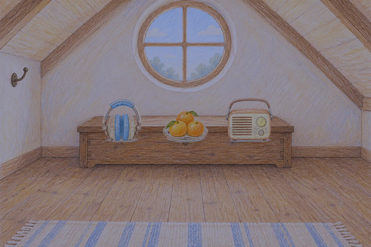 묵동 여성전용 얼굴 경락 안내 그림, 밤의 다락방 나무 궤짝 위에 놓인 헤드폰, 귤이 담긴 접시, 작은 라디오