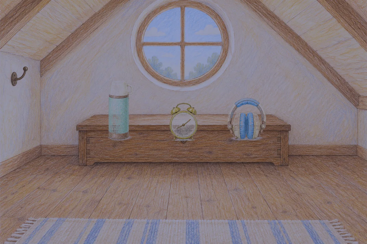 묵동 여성전용 경락 가격 안내 그림, 밤의 다락방 나무 궤짝 위에 놓인 보온병, 둥근 알람시계, 헤드폰