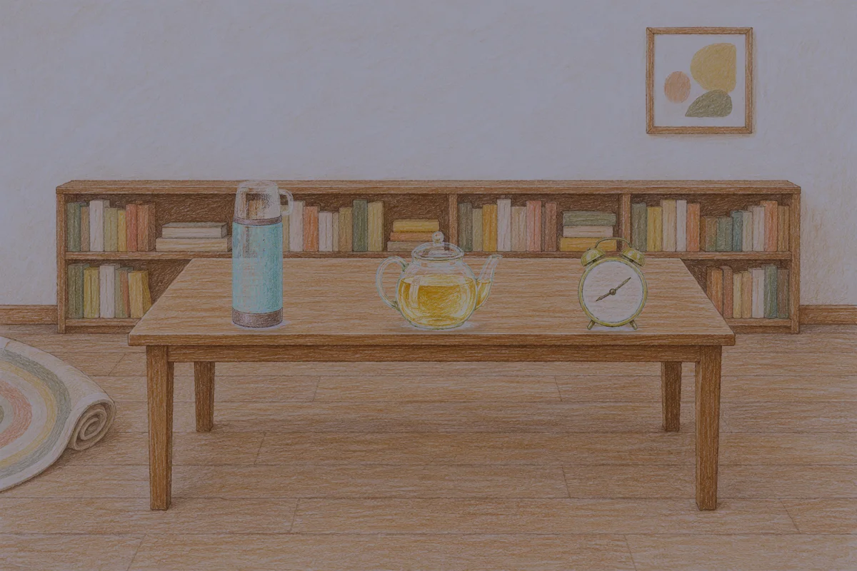묵동 여성전용 방문 마사지 안내 그림, 밤의 서재 긴 책상 위에 놓인 보온병, 유리 티포트, 둥근 알람시계