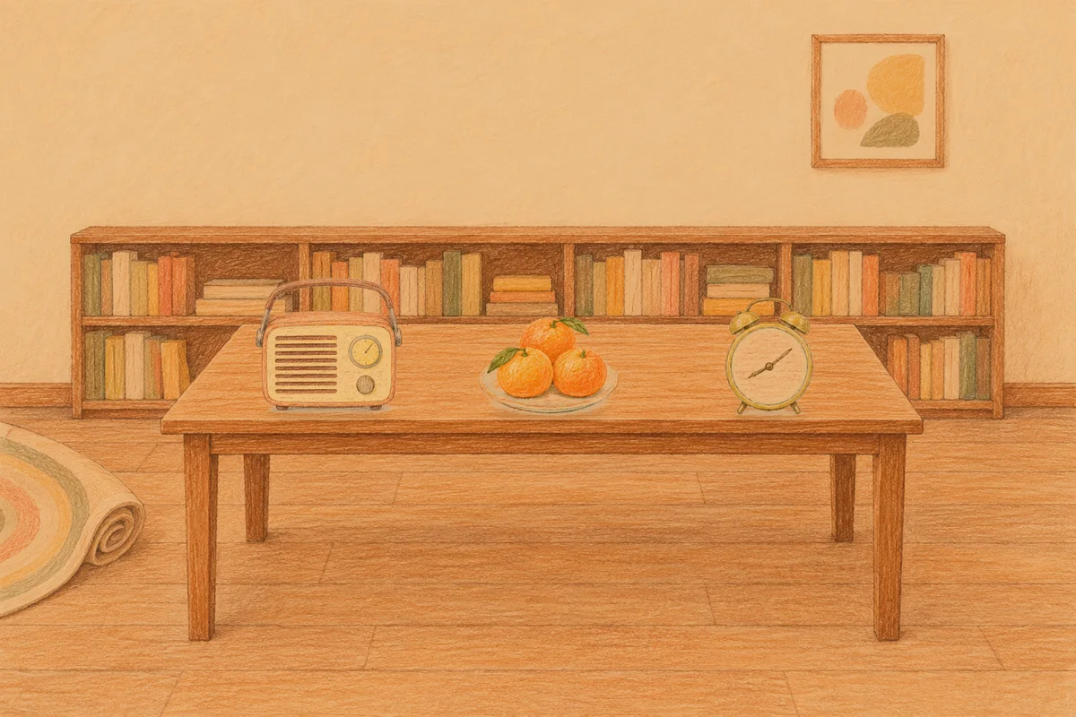 묵동 여성전용 홈케어 후기 안내 그림, 저녁의 서재 긴 책상 위에 놓인 작은 라디오, 귤이 담긴 접시, 둥근 알람시계