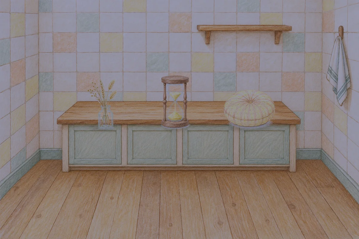 묵동 여성전용 발관리 안내 그림, 밤의 부엌 나무 조리대 위에 놓인 마른 풀을 꽂은 항아리, 모래시계, 둥근 쿠션