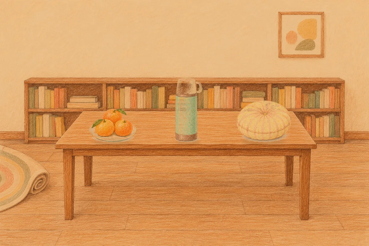 묵동 여성전용 발마사지 안내 그림, 저녁의 서재 긴 책상 위에 놓인 귤이 담긴 접시, 보온병, 둥근 쿠션