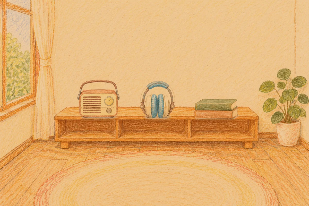 묵동 여성전용 부종 케어 안내 그림, 저녁의 창가 낮은 선반 위에 놓인 작은 라디오, 헤드폰, 책 두 권