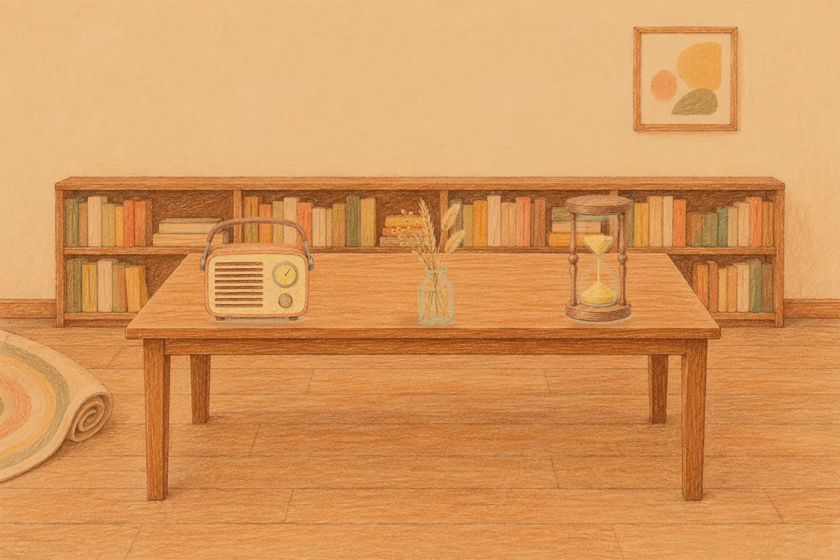 묵동 여성전용 슬리밍 마사지 안내 그림, 저녁의 서재 긴 책상 위에 놓인 작은 라디오, 마른 풀을 꽂은 항아리, 모래시계
