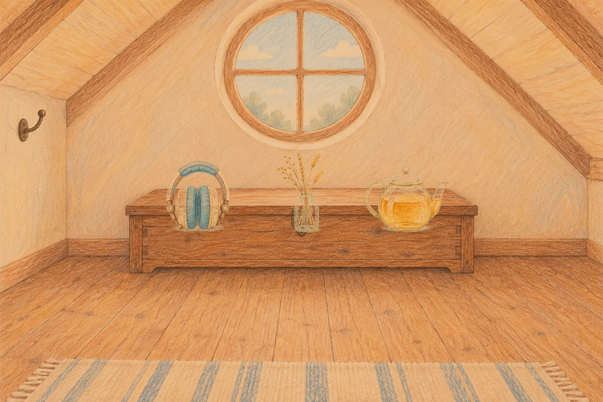 묵동 여성전용 복부 마사지 안내 그림, 저녁의 다락방 나무 궤짝 위에 놓인 헤드폰, 마른 풀을 꽂은 항아리, 유리 티포트