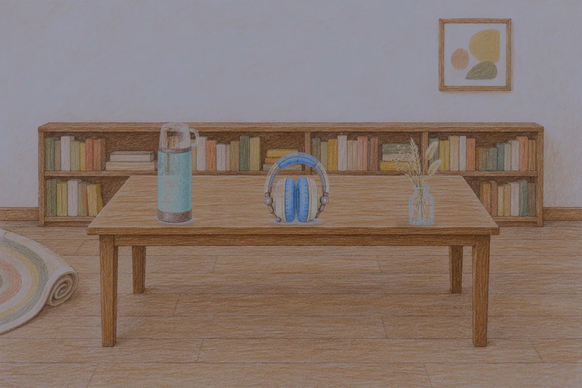 묵동 여성전용 종아리 케어 안내 그림, 밤의 서재 긴 책상 위에 놓인 보온병, 헤드폰, 마른 풀을 꽂은 항아리