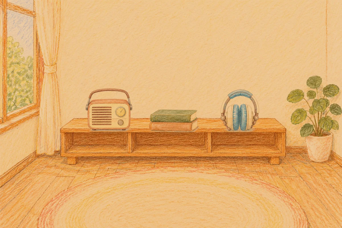 묵동 여성전용 등 마사지 안내 그림, 저녁의 창가 낮은 선반 위에 놓인 작은 라디오, 책 두 권, 헤드폰