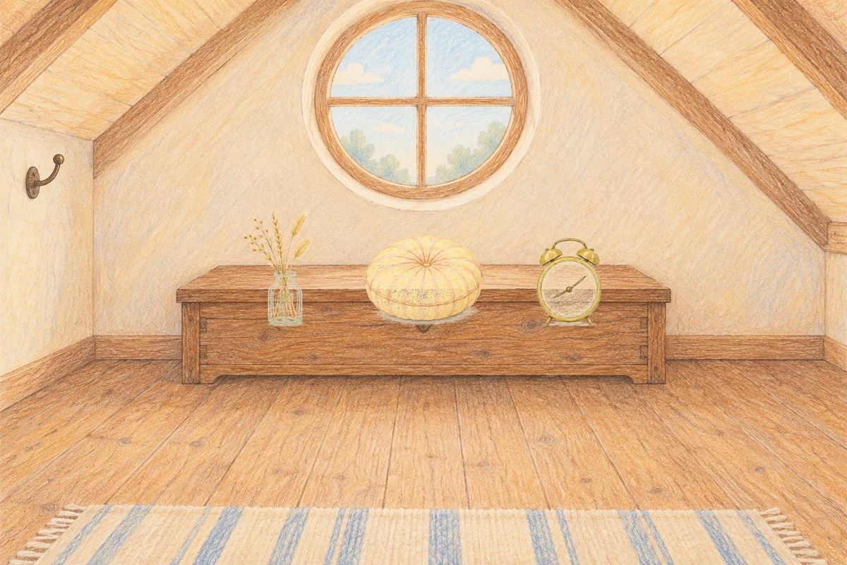 묵동 여성전용 두통 완화 마사지 안내 그림, 낮의 다락방 나무 궤짝 위에 놓인 마른 풀을 꽂은 항아리, 둥근 쿠션, 둥근 알람시계