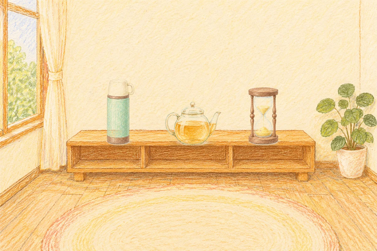묵동 여성전용 림프 페이셜 안내 그림, 낮의 창가 낮은 선반 위에 놓인 보온병, 유리 티포트, 모래시계