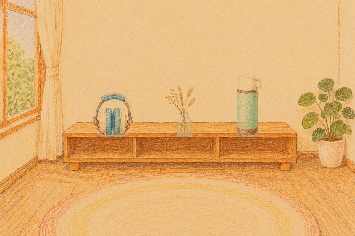 묵동 여성전용 예약 마사지 안내 그림, 저녁의 창가 낮은 선반 위에 놓인 헤드폰, 마른 풀을 꽂은 항아리, 보온병