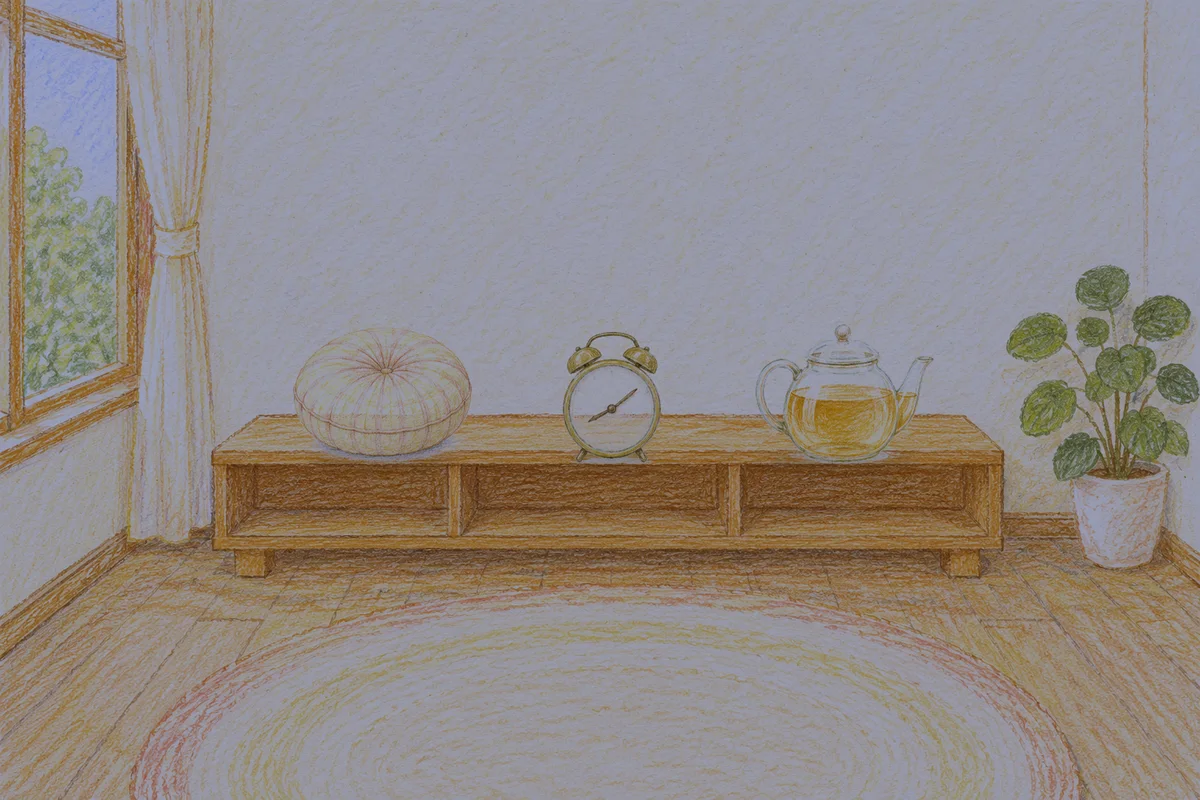 묵동 여성전용 출장 마사지 안내 그림, 밤의 창가 낮은 선반 위에 놓인 둥근 쿠션, 둥근 알람시계, 유리 티포트