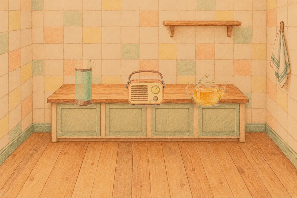 중화동 여성전용 스웨디시 마사지 안내 그림, 저녁의 부엌 나무 조리대 위에 놓인 보온병, 작은 라디오, 유리 티포트