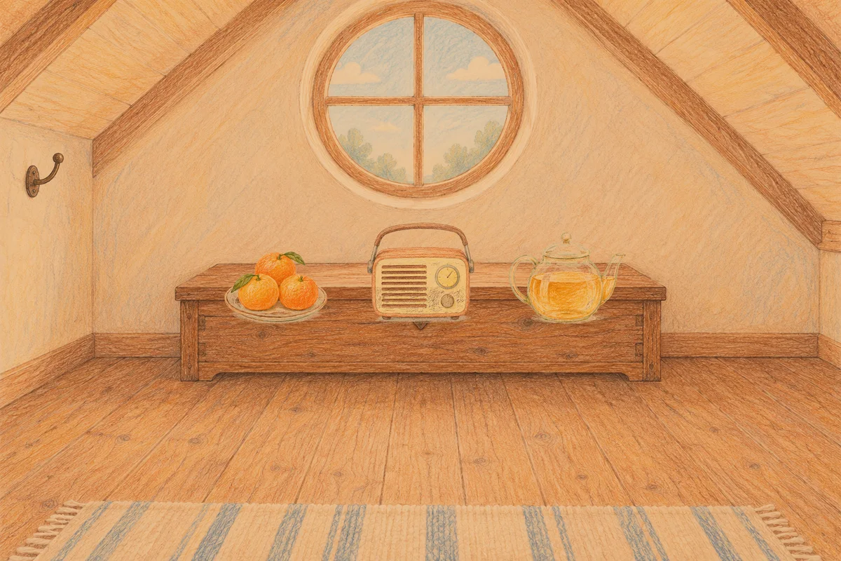중화동 여성전용 아로마테라피 안내 그림, 저녁의 다락방 나무 궤짝 위에 놓인 귤이 담긴 접시, 작은 라디오, 유리 티포트