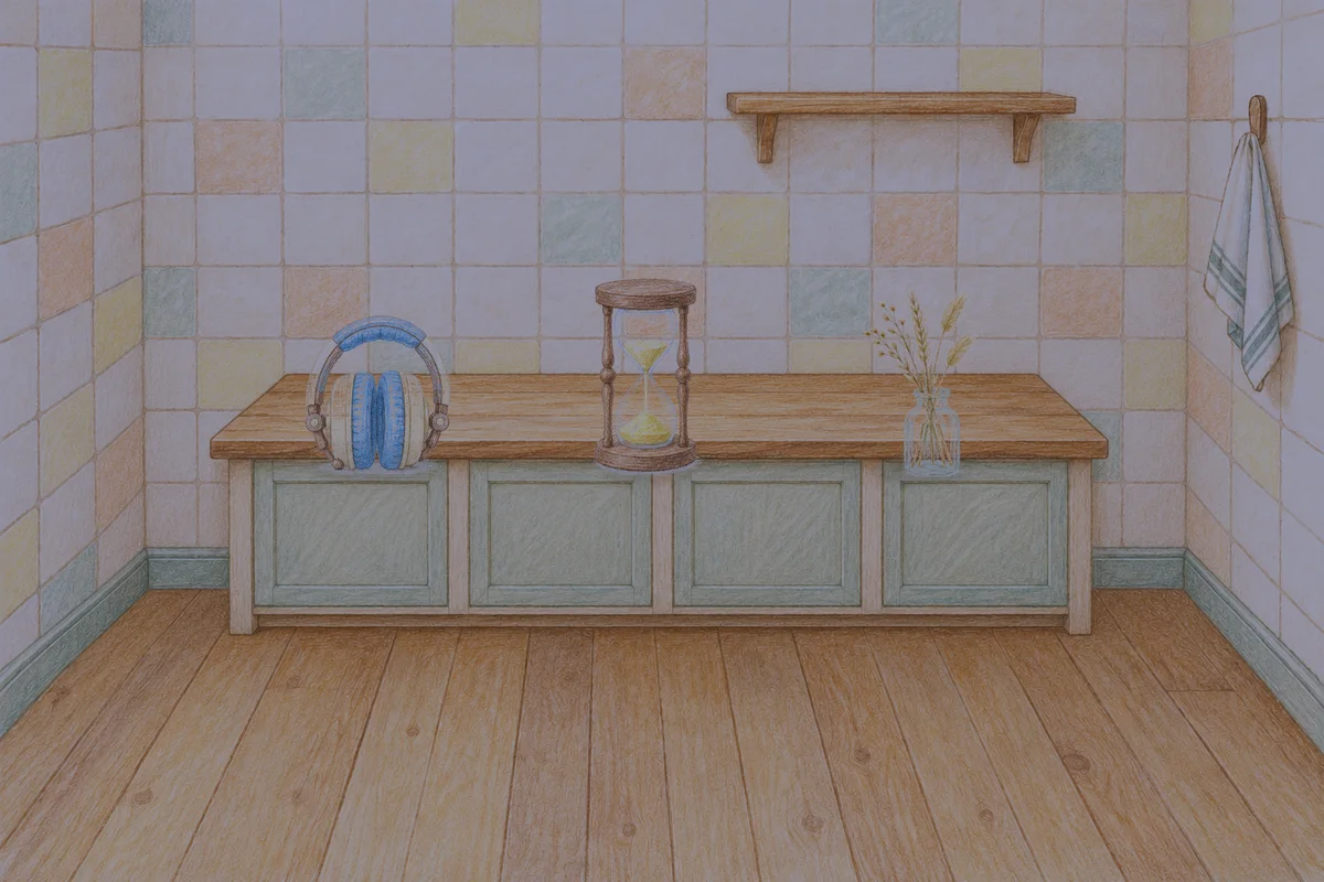 중화동 여성전용 프리미엄 스웨디시 안내 그림, 밤의 부엌 나무 조리대 위에 놓인 헤드폰, 모래시계, 마른 풀을 꽂은 항아리