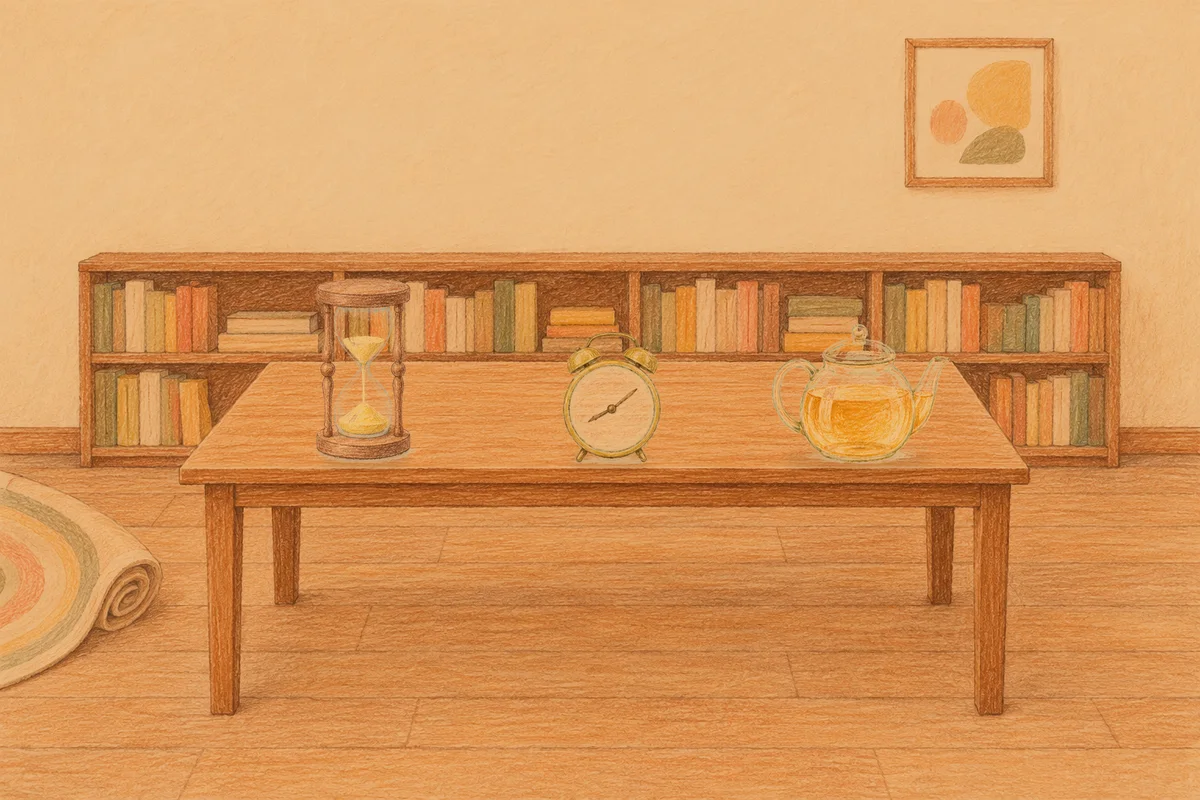 중화동 여성전용 라벤더 아로마 안내 그림, 저녁의 서재 긴 책상 위에 놓인 모래시계, 둥근 알람시계, 유리 티포트
