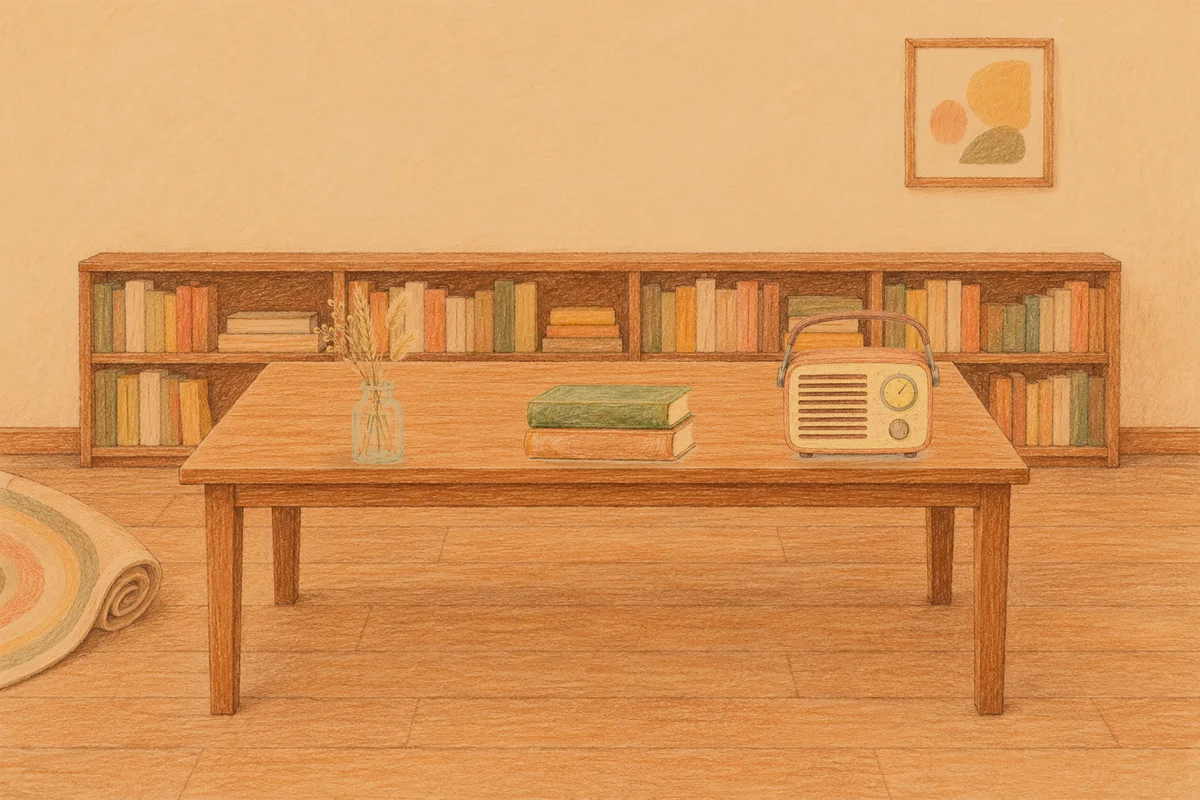 중화동 여성전용 아로마 추천 안내 그림, 저녁의 서재 긴 책상 위에 놓인 마른 풀을 꽂은 항아리, 책 두 권, 작은 라디오