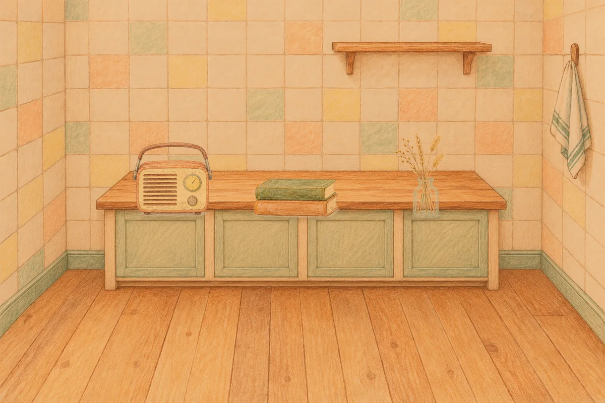 중화동 여성전용 경락마사지 안내 그림, 저녁의 부엌 나무 조리대 위에 놓인 작은 라디오, 책 두 권, 마른 풀을 꽂은 항아리