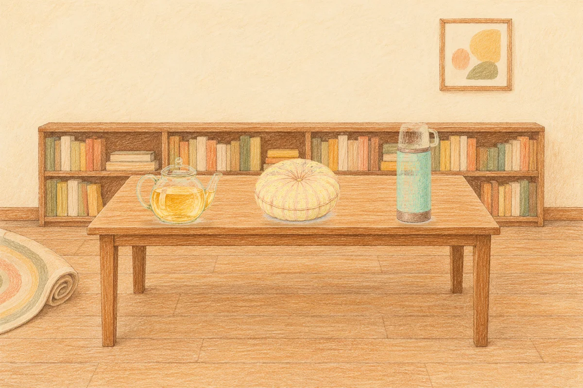 중화동 여성전용 얼굴 경락 안내 그림, 낮의 서재 긴 책상 위에 놓인 유리 티포트, 둥근 쿠션, 보온병
