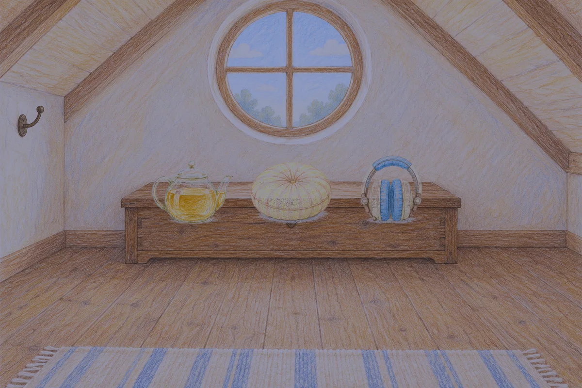 중화동 여성전용 방문 마사지 안내 그림, 밤의 다락방 나무 궤짝 위에 놓인 유리 티포트, 둥근 쿠션, 헤드폰