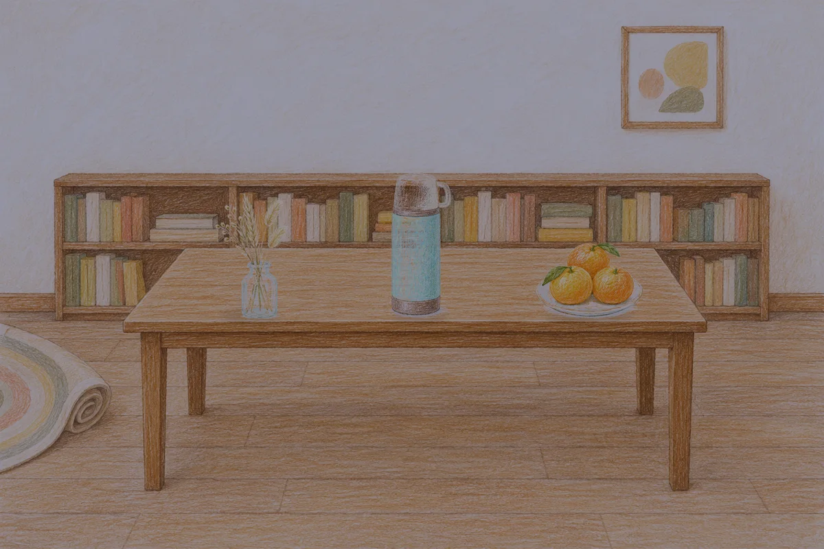 중화동 여성전용 홈케어 서비스 안내 그림, 밤의 서재 긴 책상 위에 놓인 마른 풀을 꽂은 항아리, 보온병, 귤이 담긴 접시