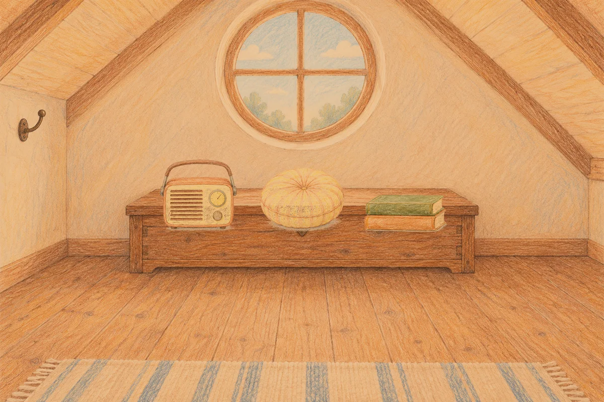 중화동 여성전용 홈케어 추천 안내 그림, 저녁의 다락방 나무 궤짝 위에 놓인 작은 라디오, 둥근 쿠션, 책 두 권