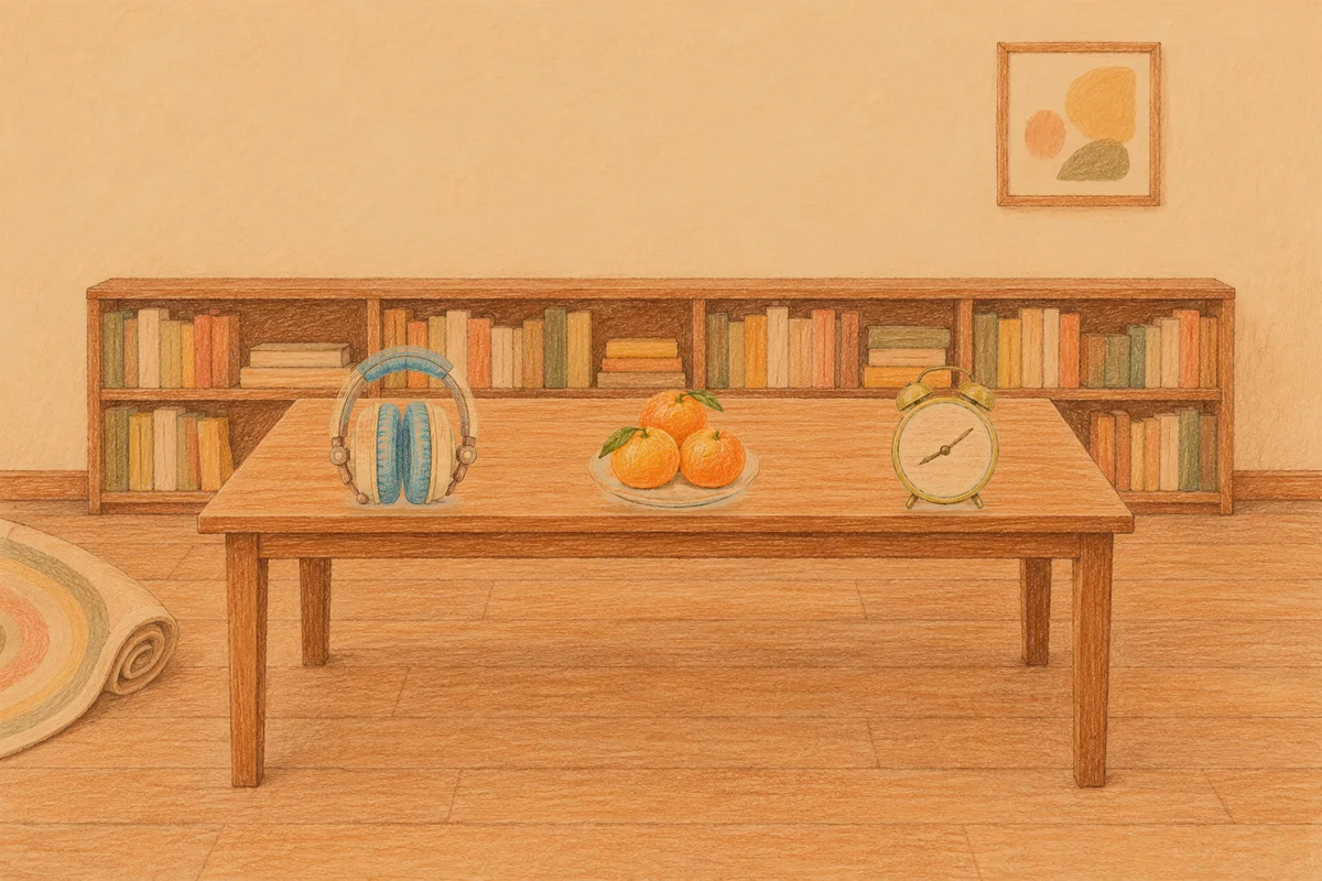중화동 여성전용 바디 케어 안내 그림, 저녁의 서재 긴 책상 위에 놓인 헤드폰, 귤이 담긴 접시, 둥근 알람시계
