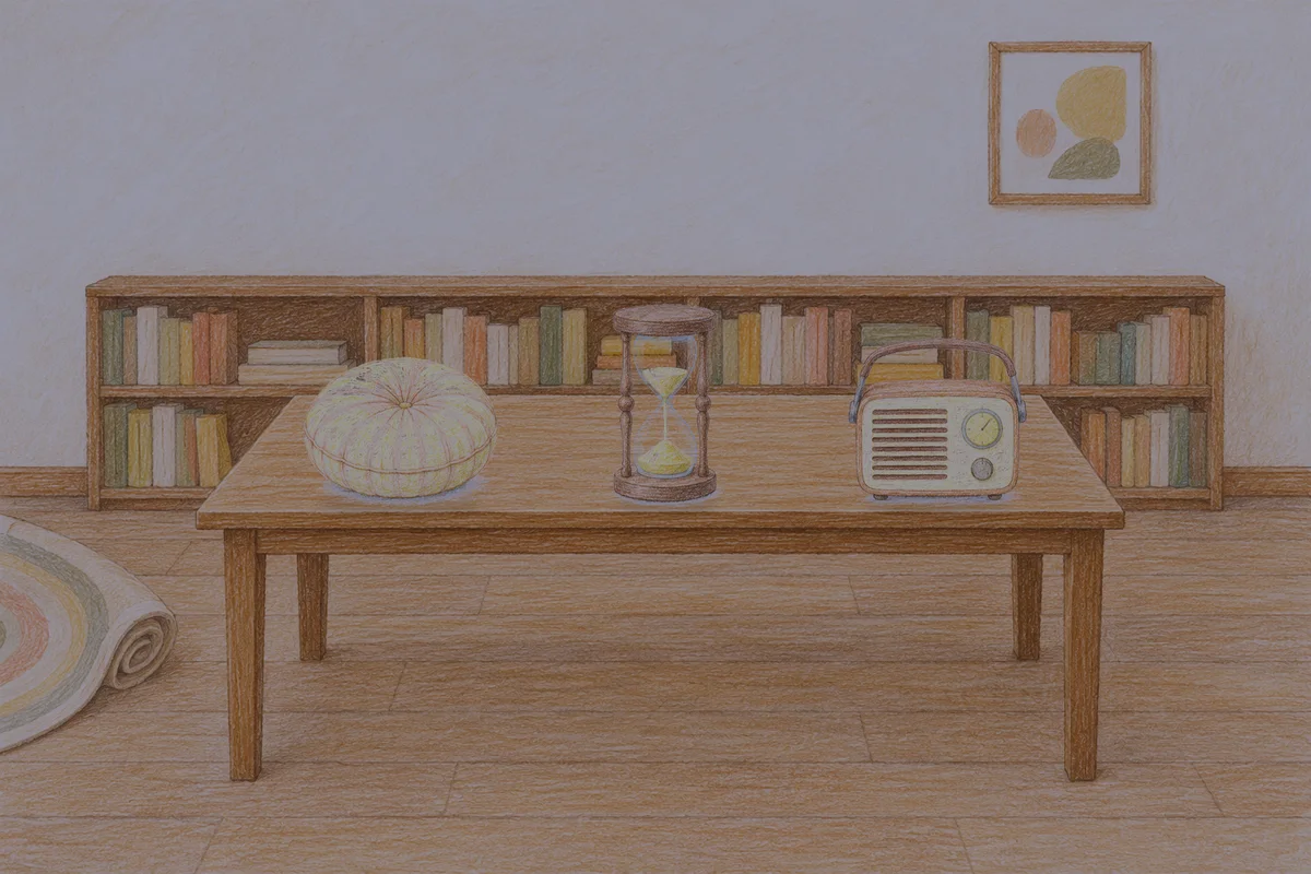 중화동 여성전용 두피 마사지 안내 그림, 밤의 서재 긴 책상 위에 놓인 둥근 쿠션, 모래시계, 작은 라디오