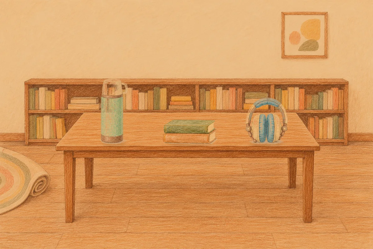 중화동 여성전용 수면 케어 안내 그림, 저녁의 서재 긴 책상 위에 놓인 보온병, 책 두 권, 헤드폰
