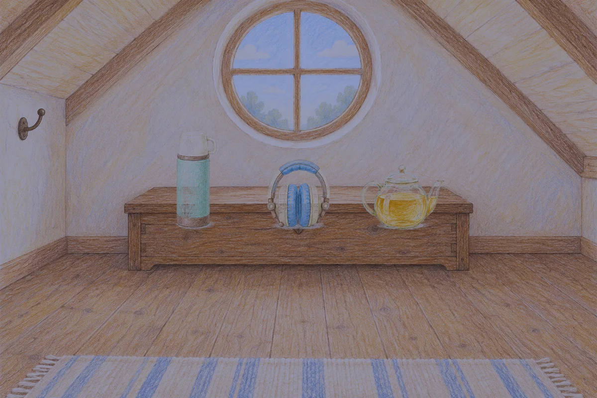 중화동 여성전용 스트레스 케어 안내 그림, 밤의 다락방 나무 궤짝 위에 놓인 보온병, 헤드폰, 유리 티포트