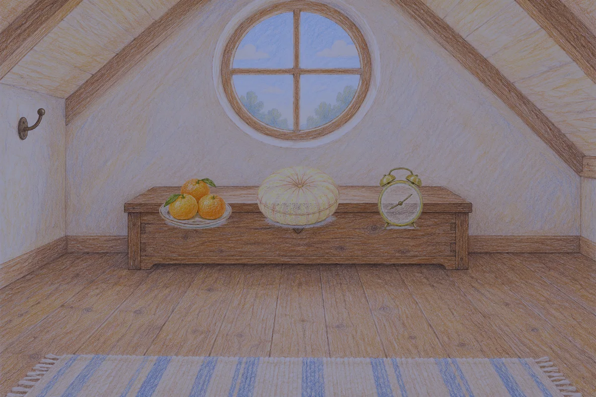 중화동 여성전용 페이셜 마사지 안내 그림, 밤의 다락방 나무 궤짝 위에 놓인 귤이 담긴 접시, 둥근 쿠션, 둥근 알람시계