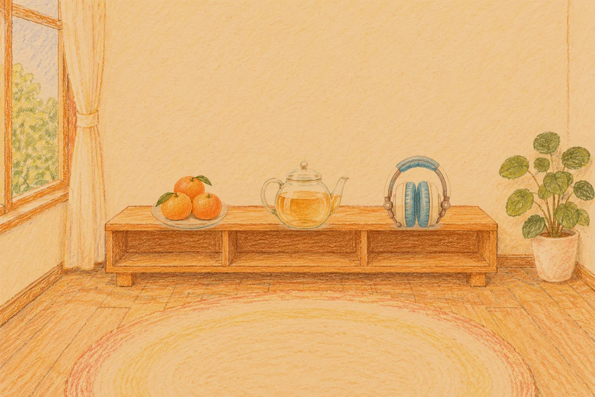 중화동 여성전용 얼굴 마사지 안내 그림, 저녁의 창가 낮은 선반 위에 놓인 귤이 담긴 접시, 유리 티포트, 헤드폰
