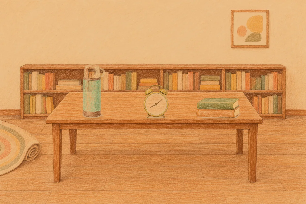 중화동 여성전용 림프 페이셜 안내 그림, 저녁의 서재 긴 책상 위에 놓인 보온병, 둥근 알람시계, 책 두 권