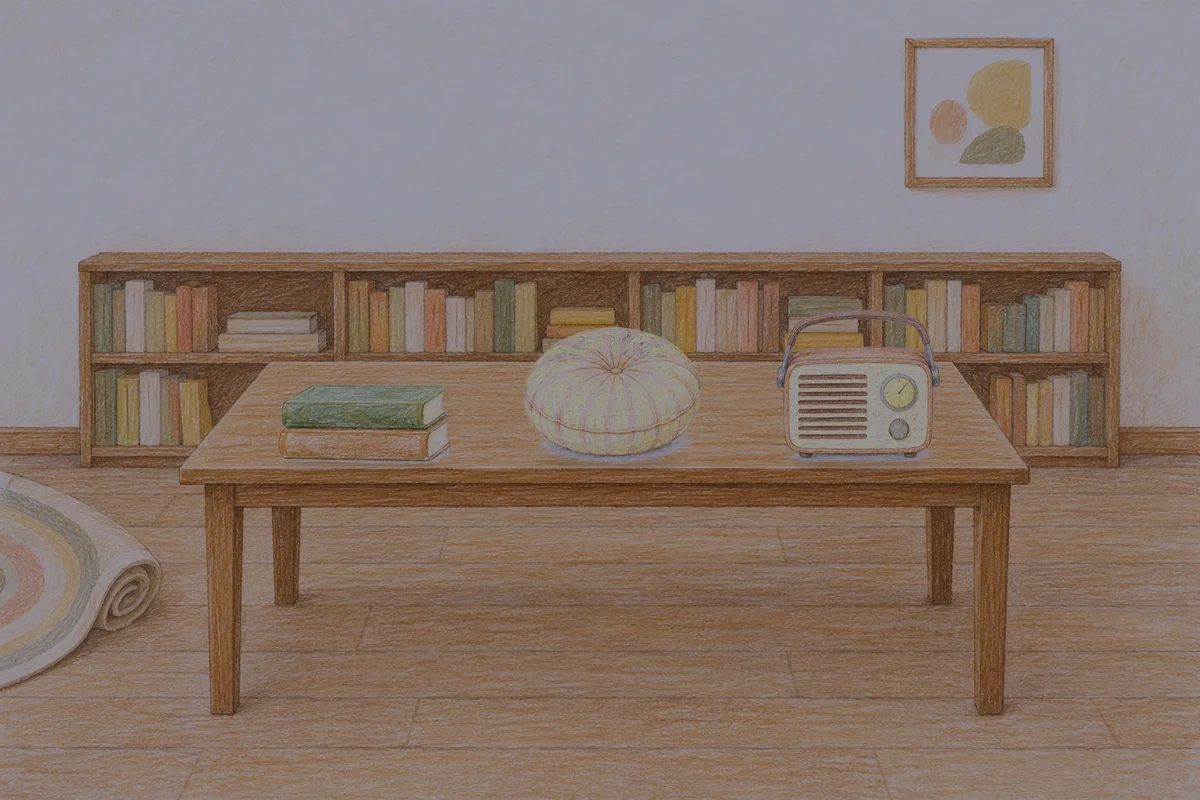 중화동 여성전용 안티에이징 케어 안내 그림, 밤의 서재 긴 책상 위에 놓인 책 두 권, 둥근 쿠션, 작은 라디오
