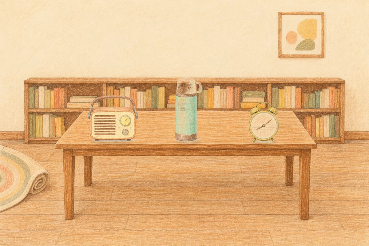 중화동 여성전용 예약 마사지 안내 그림, 낮의 서재 긴 책상 위에 놓인 작은 라디오, 보온병, 둥근 알람시계