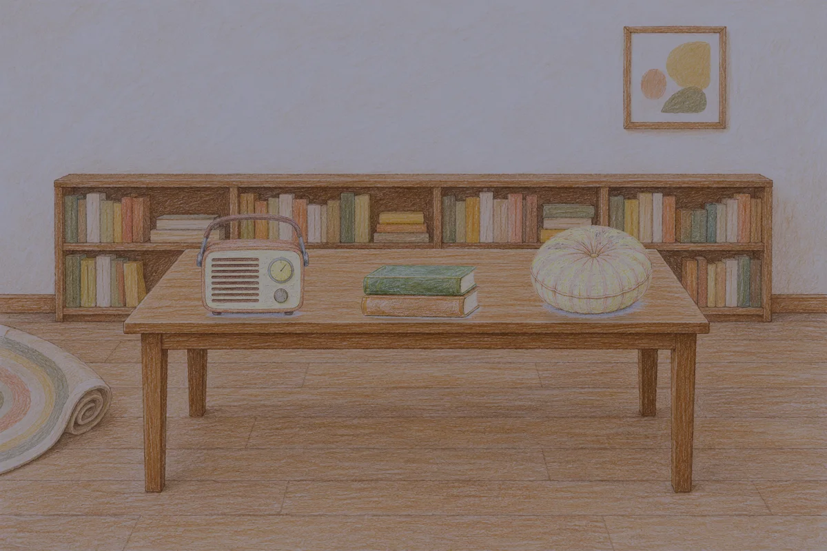 중화동 여성전용 가격 마사지 안내 그림, 밤의 서재 긴 책상 위에 놓인 작은 라디오, 책 두 권, 둥근 쿠션