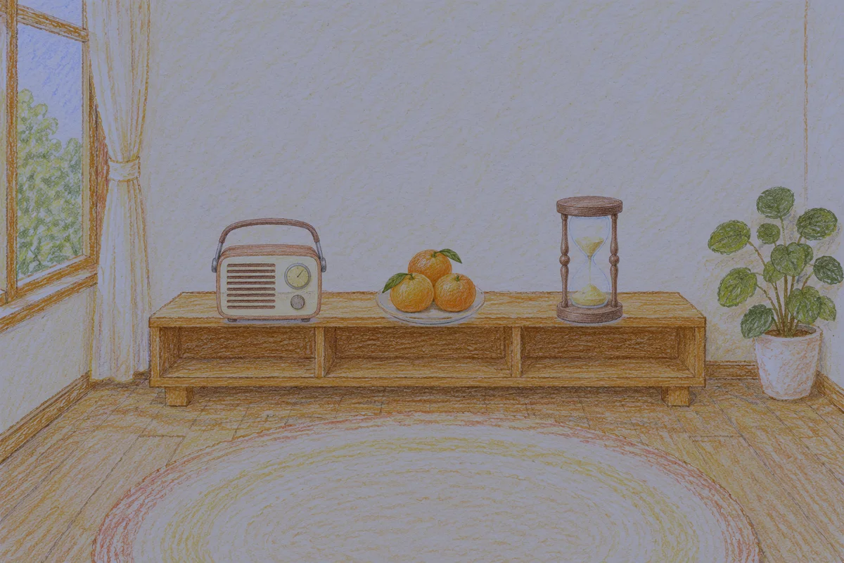 중화동 여성전용 추천 마사지 안내 그림, 밤의 창가 낮은 선반 위에 놓인 작은 라디오, 귤이 담긴 접시, 모래시계