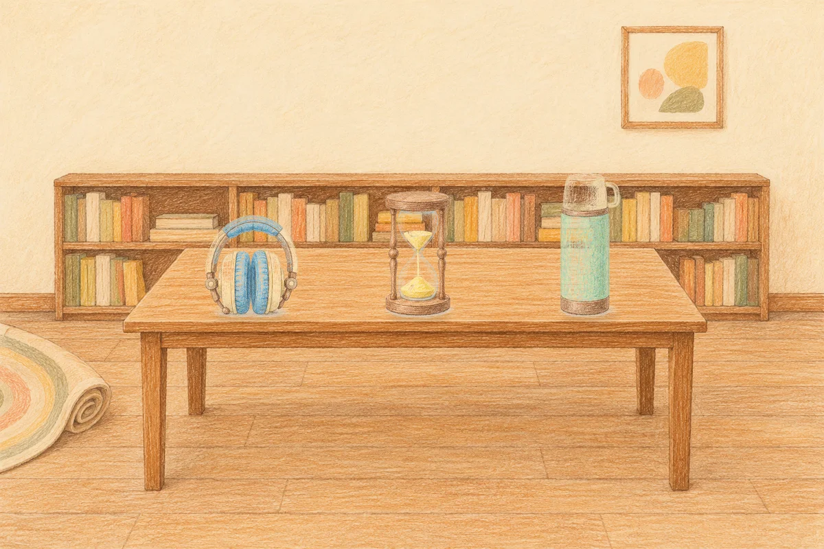 장안동 여성전용 아로마테라피 안내 그림, 낮의 서재 긴 책상 위에 놓인 헤드폰, 모래시계, 보온병