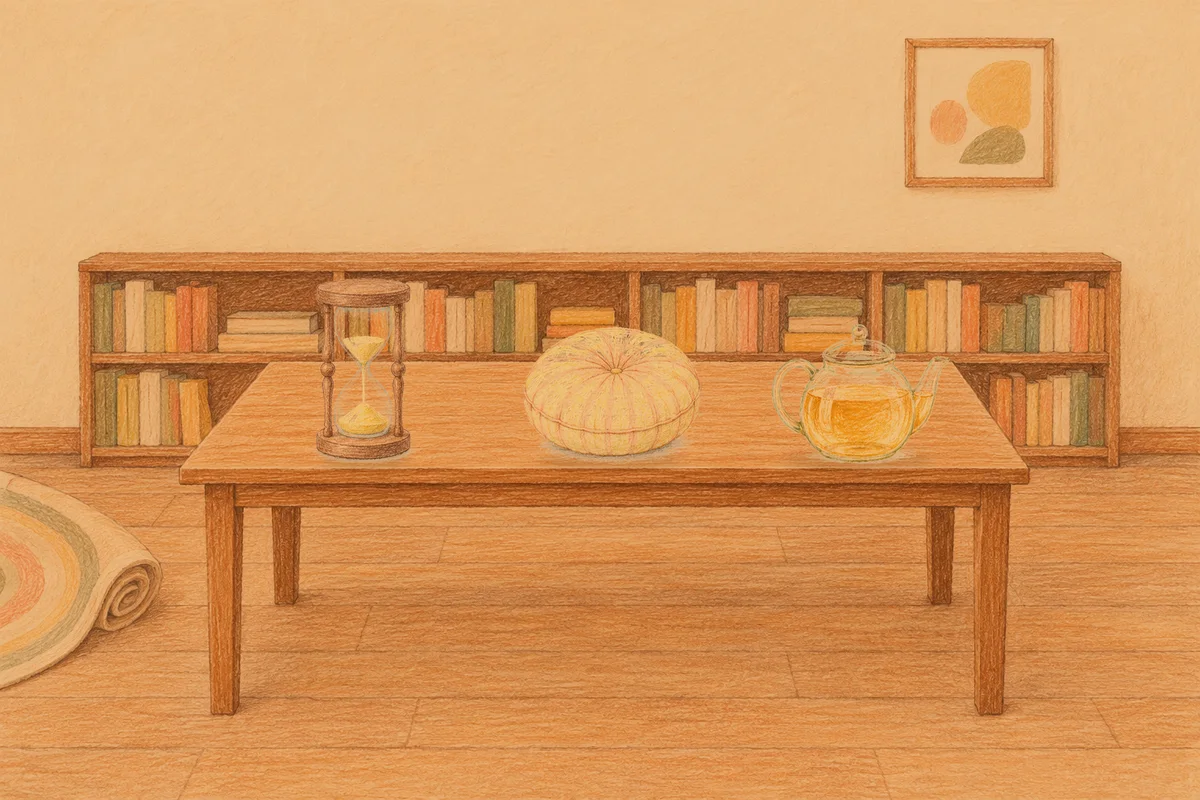 장안동 여성전용 프리미엄 스웨디시 안내 그림, 저녁의 서재 긴 책상 위에 놓인 모래시계, 둥근 쿠션, 유리 티포트