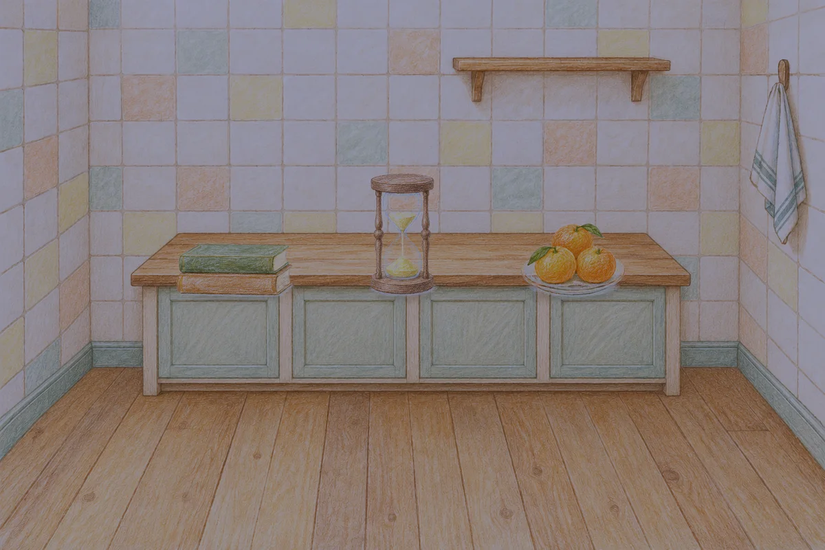 장안동 여성전용 라벤더 아로마 안내 그림, 밤의 부엌 나무 조리대 위에 놓인 책 두 권, 모래시계, 귤이 담긴 접시