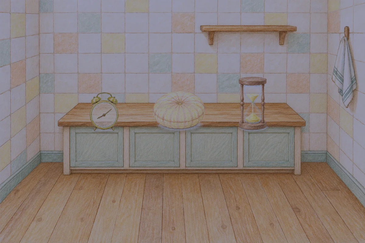 장안동 여성전용 스웨디시 후기 안내 그림, 밤의 부엌 나무 조리대 위에 놓인 둥근 알람시계, 둥근 쿠션, 모래시계