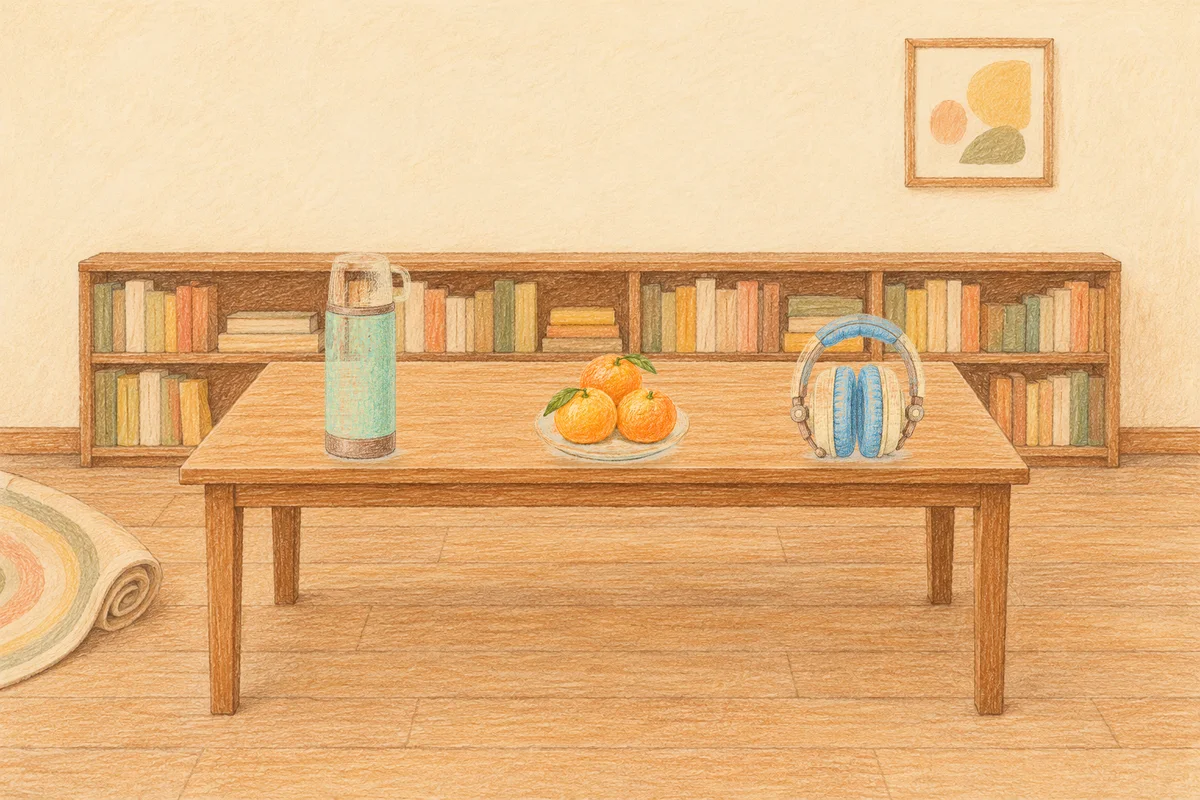 장안동 여성전용 아로마 마사지 후기 안내 그림, 낮의 서재 긴 책상 위에 놓인 보온병, 귤이 담긴 접시, 헤드폰