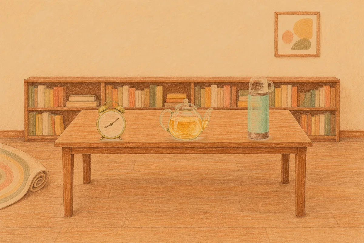 장안동 여성전용 아로마 가격 안내 그림, 저녁의 서재 긴 책상 위에 놓인 둥근 알람시계, 유리 티포트, 보온병