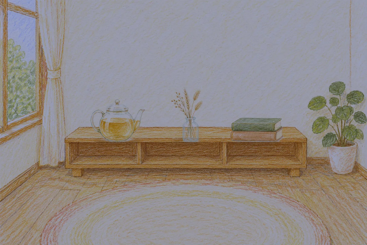 장안동 여성전용 경락마사지 안내 그림, 밤의 창가 낮은 선반 위에 놓인 유리 티포트, 마른 풀을 꽂은 항아리, 책 두 권