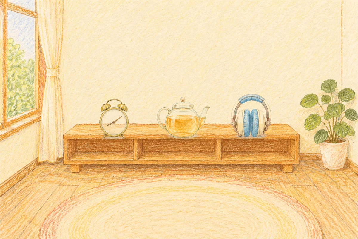 장안동 여성전용 바디 경락 안내 그림, 낮의 창가 낮은 선반 위에 놓인 둥근 알람시계, 유리 티포트, 헤드폰