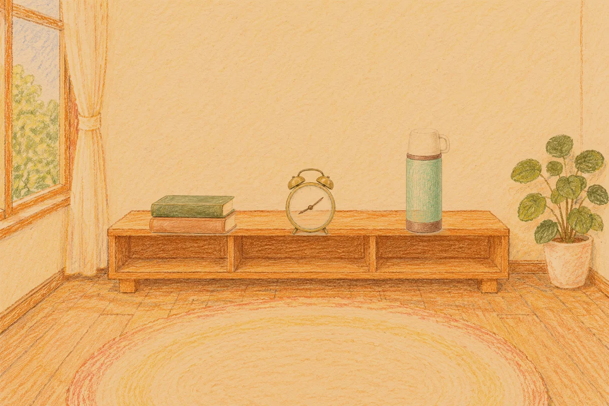 장안동 여성전용 프라이빗 케어 안내 그림, 저녁의 창가 낮은 선반 위에 놓인 책 두 권, 둥근 알람시계, 보온병