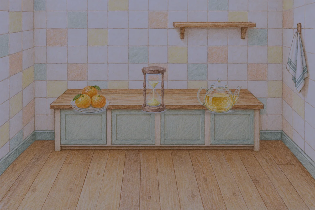 장안동 여성전용 발관리 안내 그림, 밤의 부엌 나무 조리대 위에 놓인 귤이 담긴 접시, 모래시계, 유리 티포트