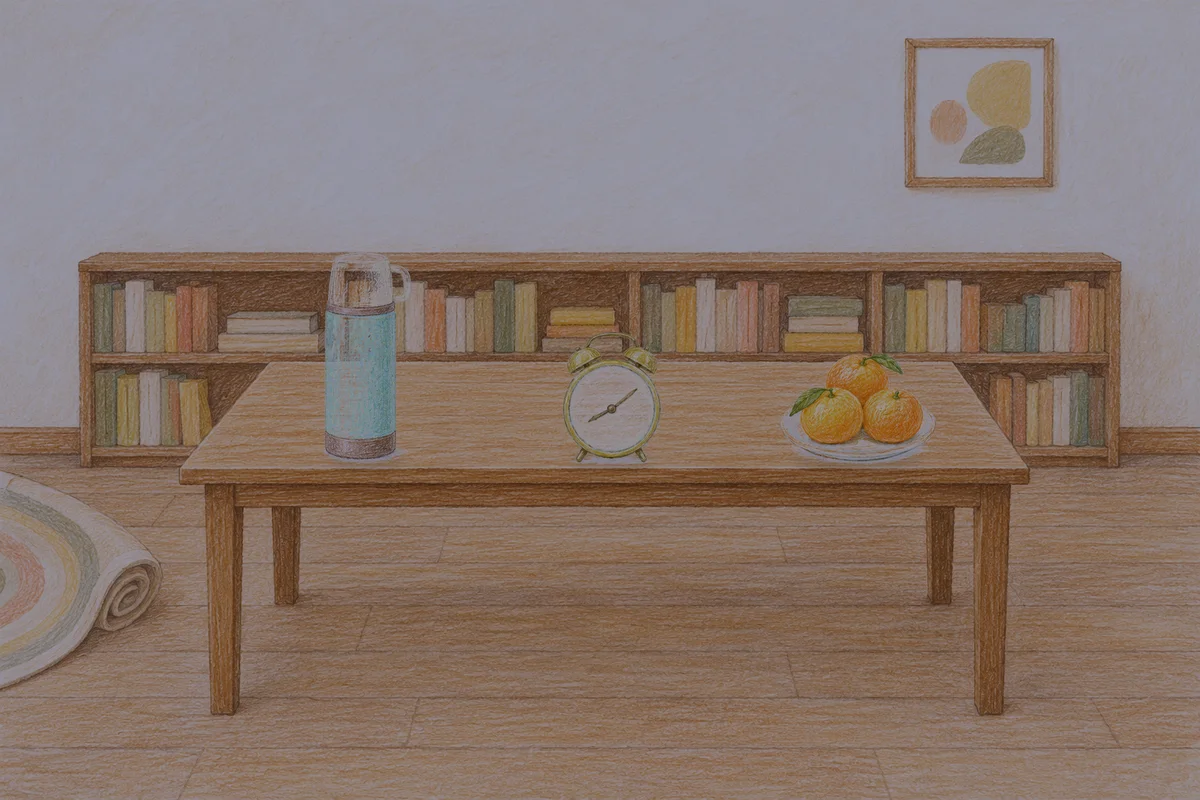 장안동 여성전용 발마사지 안내 그림, 밤의 서재 긴 책상 위에 놓인 보온병, 둥근 알람시계, 귤이 담긴 접시