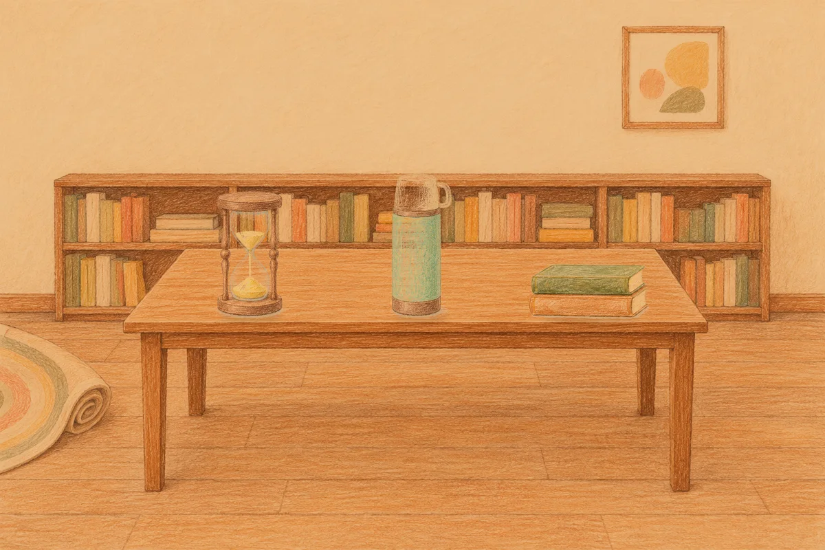 장안동 여성전용 셀룰라이트 관리 안내 그림, 저녁의 서재 긴 책상 위에 놓인 모래시계, 보온병, 책 두 권